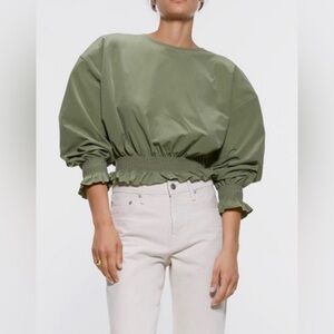 Zara Olive Elasticized Trim Puff Sleeves Smocked Blouse Top  M